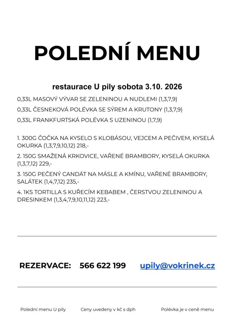 🍴Polední menu Restaurace U pily - Sobota 3.10. 2026