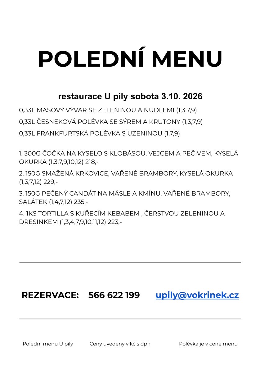 🍴Polední menu Restaurace U pily - Sobota 3.10. 2026